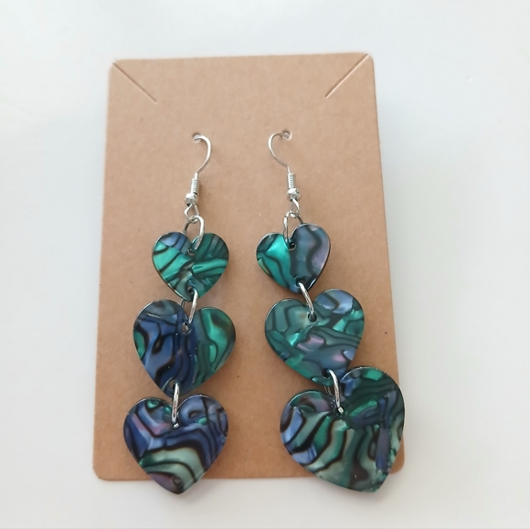 Fashion Jewelry Silver and Blue-Green Heart Earrings - Picture 1 of 3